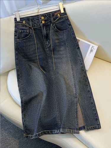 Ретро летняя джинсовая юбка, в американском стиле, А-силуэт, с акцентом на бедрах