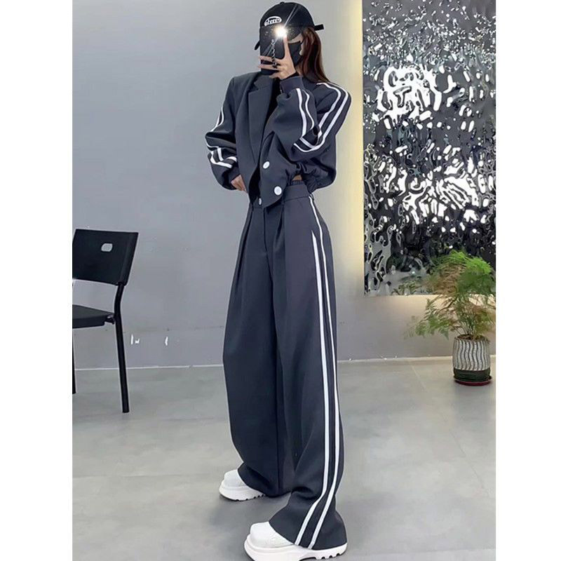 2025春秋新款运动休闲时尚套装女西服外套高腰显瘦阔腿裤两件套