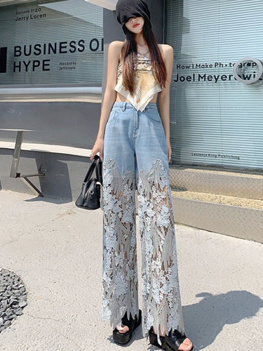 Штаны, кружевные джинсы, высокая талия, 2025 года, свободный прямой крой