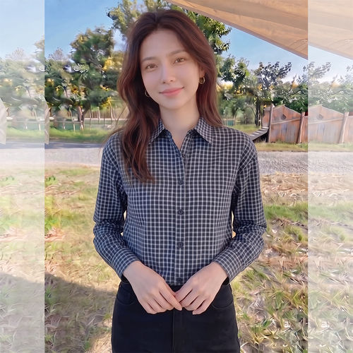 POLO领短款格子长袖衬衫女春秋