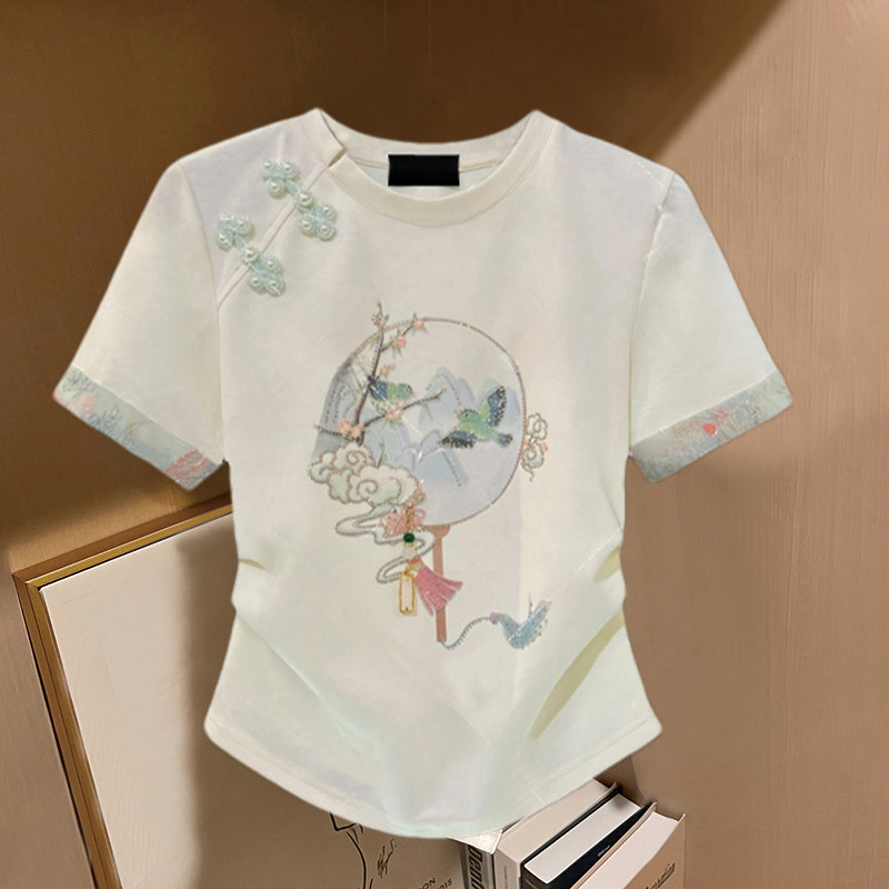 新中式国风盘扣刺绣镶钻短袖t恤女2025夏季新款收腰显瘦百搭上衣