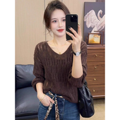 女2025新款 巨好看 早秋穿搭V领镂空针织衫 韩系慵懒宽松针织上衣