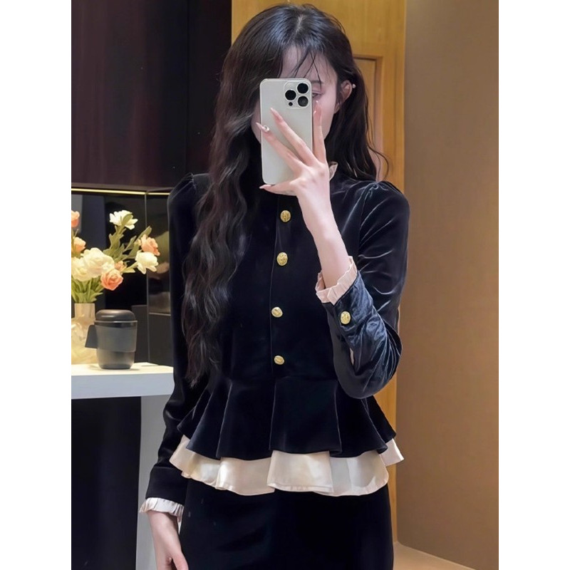 2025年秋冬穿搭新款法式复古小香风圆领长袖衬衫女黑色金丝绒上衣