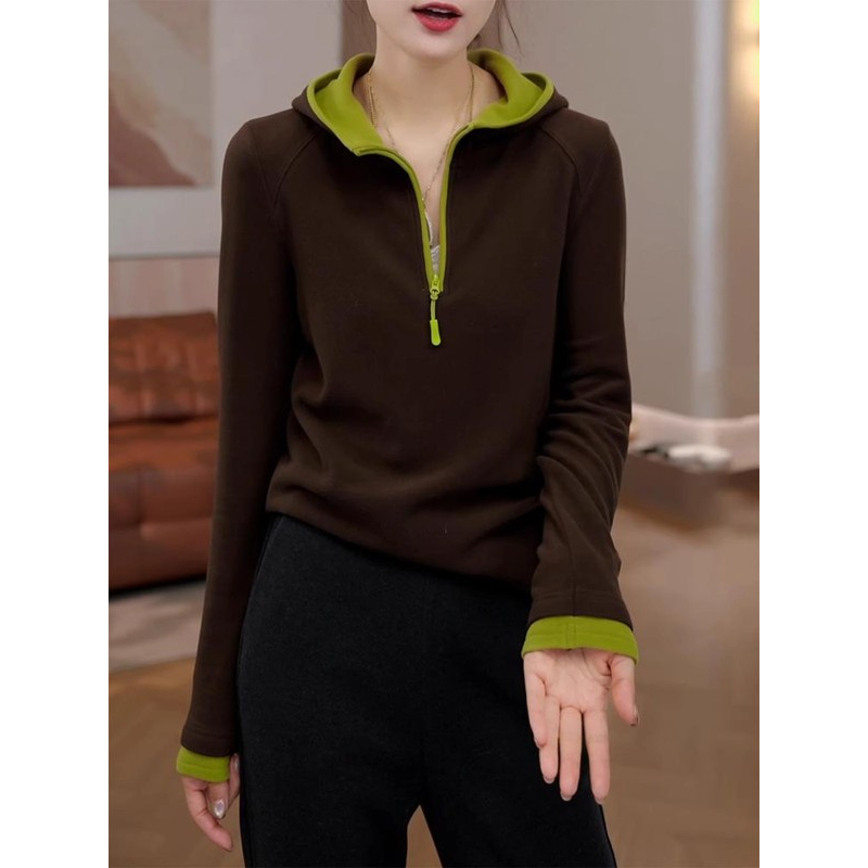 撞色连帽打底衫女冬季内搭2025年新款半开领拉链保暖休闲长袖上衣