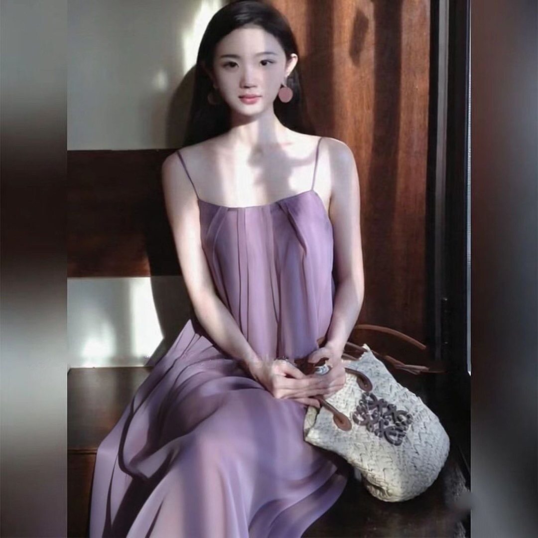 浓郁紫色~浪漫女人简约度假吊带长裙 及踝优雅连衣裙26夏天法式裙