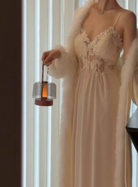 韵味紫色~柔软海岛绒仙女纯欲氛围感蕾丝睡裙睡袍加厚毛绒睡衣 冬