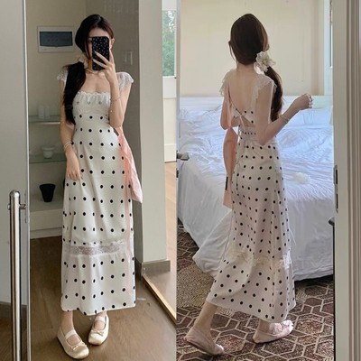 少女风吊带长裙波点蕾丝边