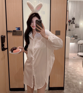 苏苏滑滑~24春夏BF慵懒风性感丝滑衬衫睡衣 男友白色长袖衬衣睡裙