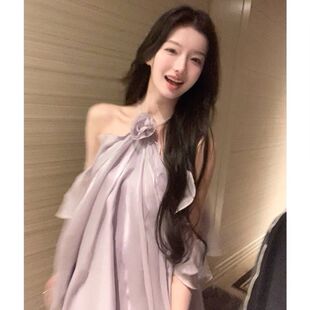 “公主日记”紫色挂脖连衣裙立体花朵露肩气质短裙女约会氛围感裙