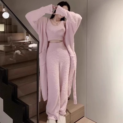 粉色慵懒睡袍外套 25新款系腰带宽松加厚睡衣~长款软绵绵温暖晨袍