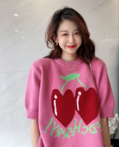 针织套头圆领樱桃刺绣毛衣