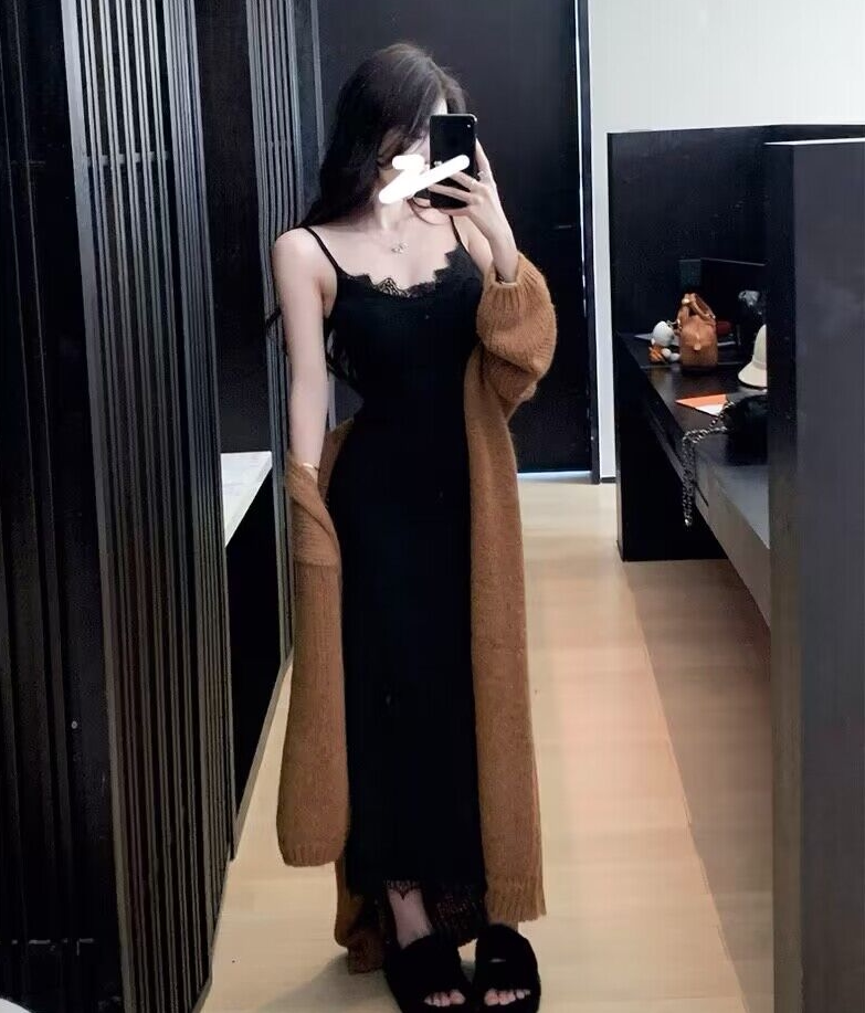 温柔风鱼尾长裙针织外套+吊带裙