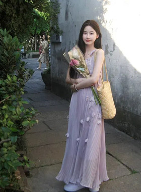 海边度假风大摆长裙紫色立体花朵