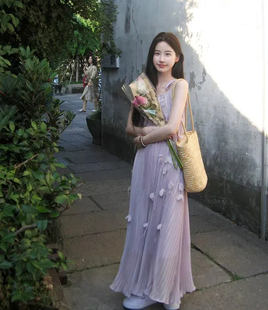 紫丁香~仙女超仙度假风重工花朵吊带长裙 夏新百褶唯美风琴连衣裙