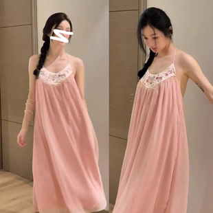绝美啦~露思/许妍同款甜美民族风水钻流苏挂脖粉色吊带连衣裙长裙
