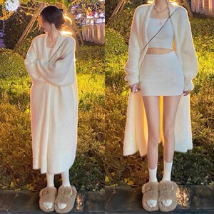 ins风过膝长毛衣开衫包臀短裙背心甜辣修身三件套 冷清氛围感大衣