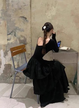 Get天鹅颈~法式赫本风气质浪漫连衣裙 秋 层层蕾丝边绝美白色长裙