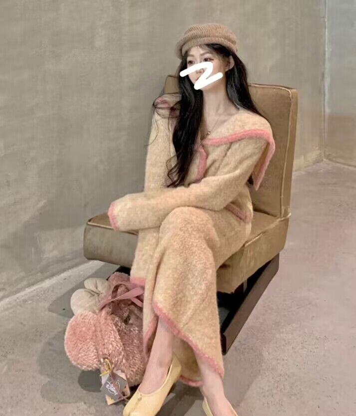 针织粉拼色套装裙甜美温柔风