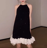新赫本风修身 玛丽珍连衣裙 2025夏季 黑色珍珠挂脖A字裙名媛背心裙
