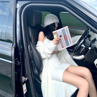 秋仙女白色中长款过膝毛衣开衫加厚外套+背心包臀裙 女人味三件套