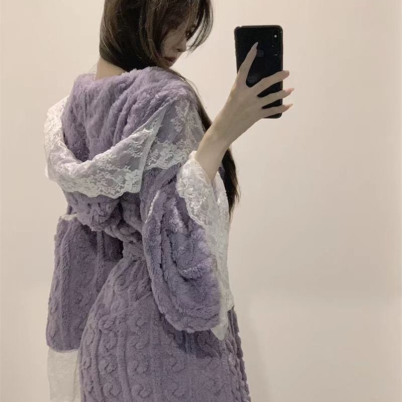 性感纯欲辣妹绑带V领慵懒睡袍外套 别致惊艳加厚绒绒家居服可外穿