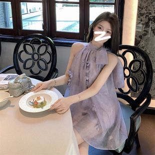 墨染紫 约会甜妹A字短裙 26早春别致清冷花朵蝴蝶挂脖飘带雪纺裙