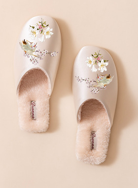 女士棉拖鞋高级感秋冬保暖加绒舒适地板鞋厚底防滑轻奢国风缎面男