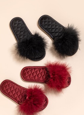 春夏新款结婚伴娘毛毛拖鞋女 新婚缎面红拖鞋婚礼新娘晨袍搭配鞋