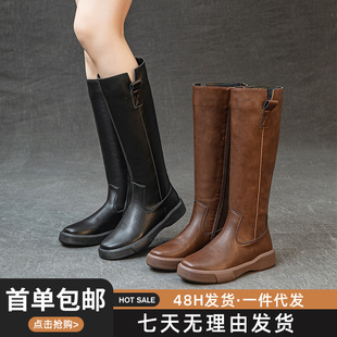 复古真皮马丁靴子女不过膝显瘦骑士靴厚底加绒秋冬长靴百搭高筒靴