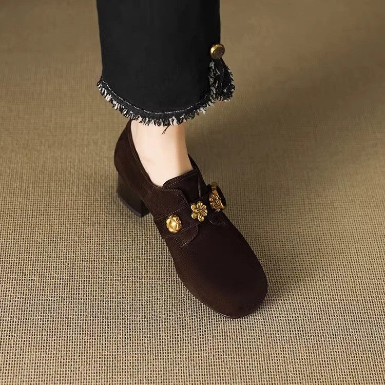 2025新款春秋法式乐福鞋女水钻圆头中跟粗跟真皮磨砂皮深口单鞋女,女鞋,乐福鞋（豆豆鞋）,淘宝优惠券,粉丝福利购,淘宝优惠卷