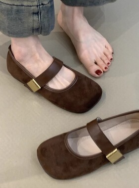 复古玛丽珍鞋2026新款韩系气质优雅绒面金属扣圆头显瘦软底芭蕾鞋