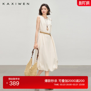 A字长裙 优雅系带收腰蓬松无袖 佧茜文气质花苞连衣裙2026春季 新款