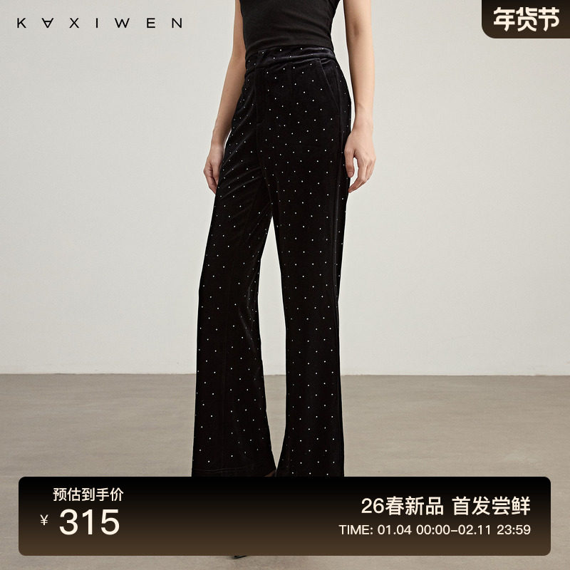 佧茜文重工烫钻丝绒长裤2026春季新款高腰显瘦垂感直筒休闲裤女