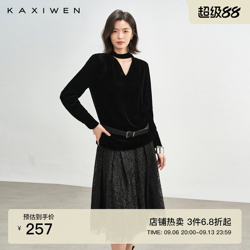 气质复古V领丝绒挂脖飘带小衫图片