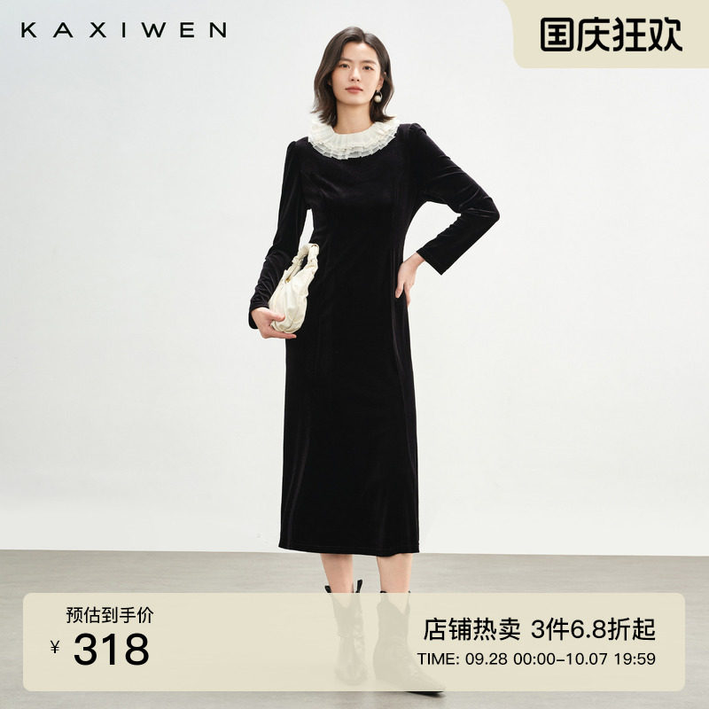 法式浪漫丝绒拉夫领连衣裙图片