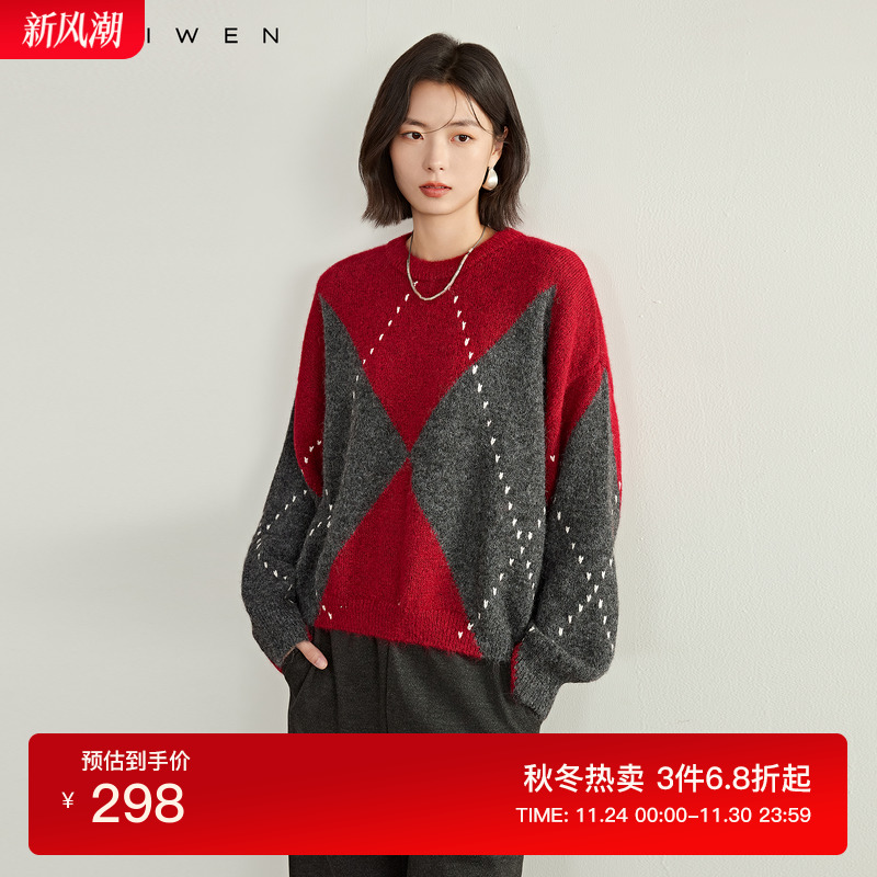 MIU系菱形格圆领针织衫