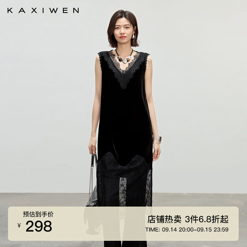 优雅蕾丝拼接丝绒背心裙图片