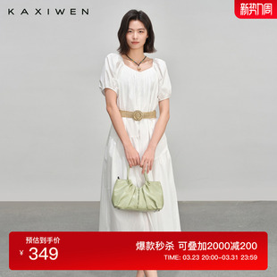 佧茜文方领复古连衣裙2026夏季 优雅棉质压褶拼接收腰长裙女 新款