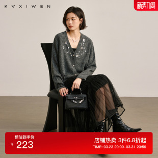 时尚 新款 气质慵懒休闲V领上衣女 百搭冬季 佧茜文重工钉钻针织开衫