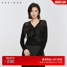 佧茜文绵羊毛网纱拼接针织衫潮流秋季新款V领蝴蝶结黑色上衣女
