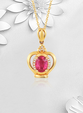 赫拉臻藏 丝路 18K黄金天然红色碧玺吊坠项链  经典皇冠造型