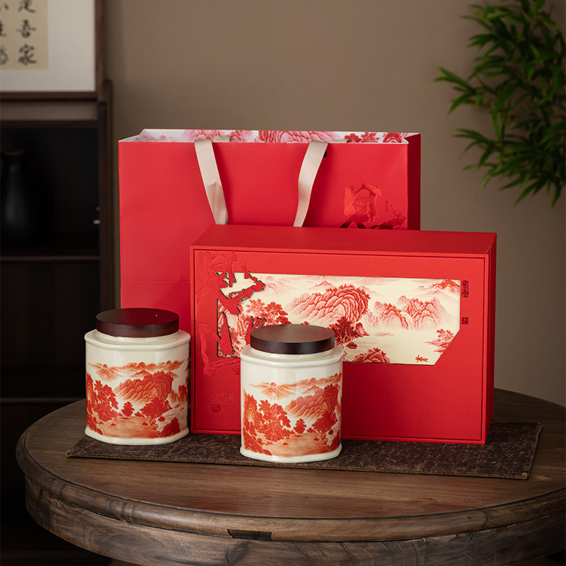 中式山水陶瓷茶叶罐双罐一斤红茶六堡茶祁门红茶茶叶包装盒普洱茶,餐饮具,茶叶罐,淘宝优惠券,粉丝福利购,淘宝优惠卷