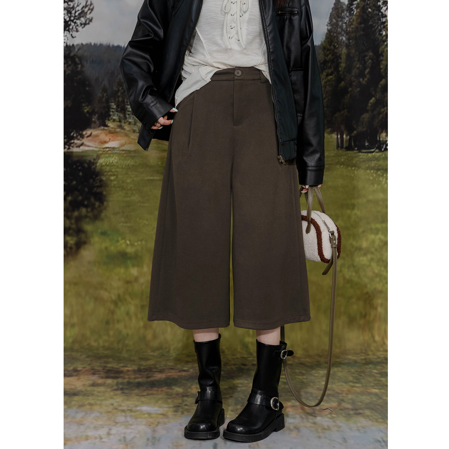 高腰毛呢百搭宽松阔腿八分裤