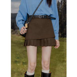 设计感毛呢半身裙高腰显瘦百褶裙防走光内衬拼接修身 呢子A字短裙