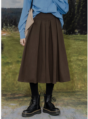 复古毛呢半身裙高腰A字垂感简约大摆伞裙宽松百搭显瘦休闲中长裙