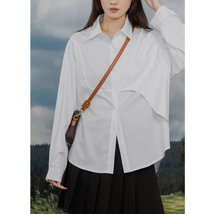 六条猫studio设计感长袖衬衫女复古日系白衬衣不对称宽松百搭上衣