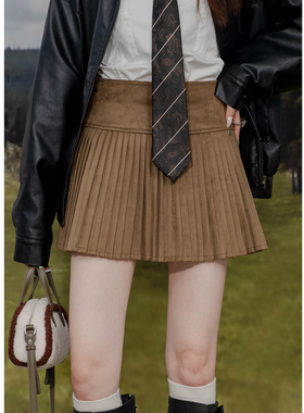 复古麂皮绒半身裙女高腰拼接百褶裙防走光内衬学院风A字显瘦短裙