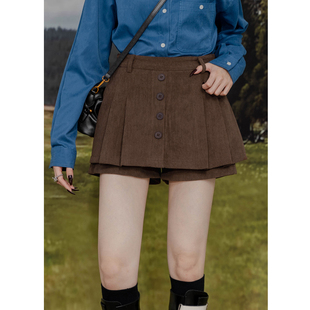 设计感灯芯绒裙裤 女复古高腰百褶短裙单排扣显瘦A字条绒阔腿短裤