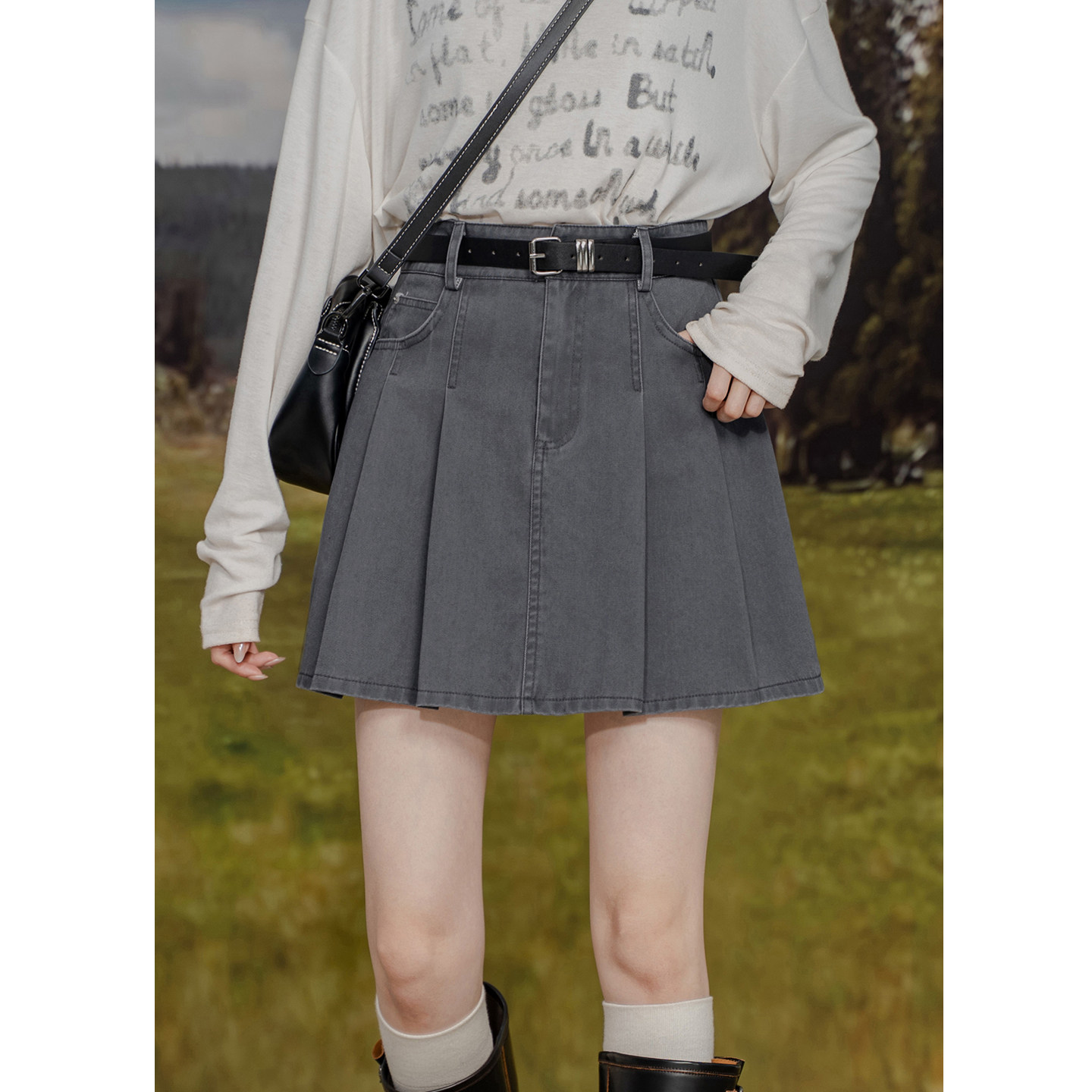复古牛仔半身裙女高腰A字显瘦防走光内衬百褶裙简约气质时髦短裙