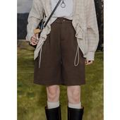 宽松百搭显瘦阔腿裤 复古毛呢五分裤 女半松紧高腰简约呢字直筒中裤